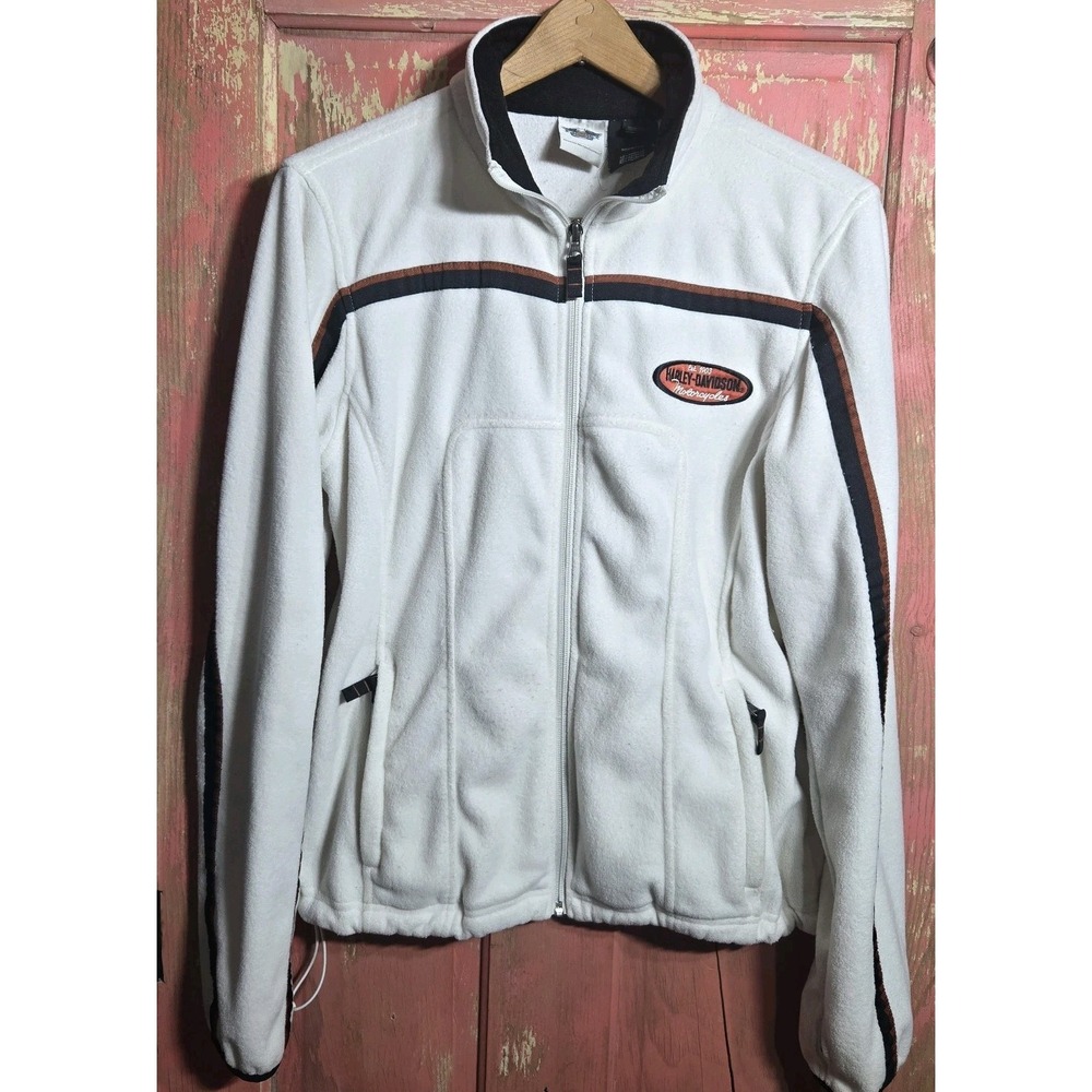 Harley Davidson Fleece Jacket Coat Womens Embroidered Zip White Sz L Motorcycle‎